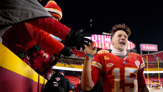 Jan 13, 2024; Kansas City, Missouri, USA; Kansas City Chiefs quarterback Patrick Mahomes (15) celebrates the victory against the Miami Dolphins following the 2024 AFC wild card game at GEHA Field at Arrowhead Stadium. Mandatory Credit: Jay Biggerstaff-USA TODAY Sports  