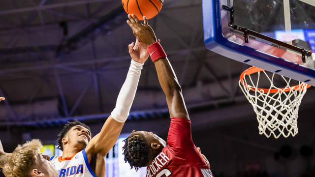 Razorbacks' Layden Blocker puts up a shot against Florida