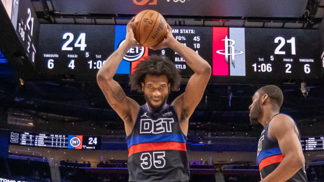 Jan 12, 2024; Detroit, Michigan, USA; Detroit Pistons forward Marvin Bagley III (35) grabs the ball after a Houston Rockets basket during the first half at Little Caesars Arena. Mandatory Credit: David Reginek-USA TODAY Sports