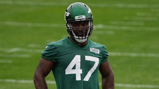Oct 8, 2021; Ware, England, United Kingdom; New York Jets defensive end Bryce Huff (47) during a practice at the Manor Marriott Hotel and Country Club.