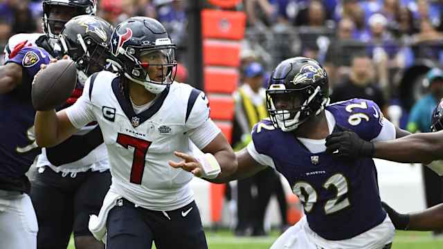 Sep 10, 2023; Baltimore, Maryland, USA; Houston Texans quarterback C.J. Stroud (7) attempts a pass as Baltimore Ravens defensive tackle Rayshad Nichols (91) rushes during the second half at M&T Bank Stadium. 