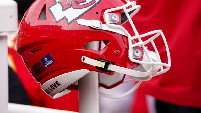 Dec 24, 2022; Kansas City, Missouri, USA; A general view of a Kansas City Chiefs helmet against the Seattle Seahawks during the second half at GEHA Field at Arrowhead Stadium. Mandatory Credit: Denny Medley-USA TODAY Sports  