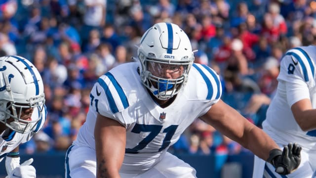Aug 13, 2022; Orchard Park, New York, USA; Indianapolis Colts tackle Jordan Murray (71) at the line of scrimmage in the second quarter pre-season game against the Buffalo Bills at Highmark Stadium. Mandatory Credit: Mark Konezny-USA TODAY Sports  