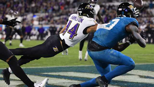 Baltimore Ravens safety Kyle Hamilton (14) pressures as Jacksonville Jaguars wide receiver Calvin Ridley (0) catches the ball but is ruled an incomplete pass during the fourth quarter of a regular season NFL football matchup Sunday, Dec. 17, 2023 at EverBank Stadium in Jacksonville, Fla.