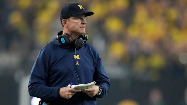 Michigan head coach Jim Harbaugh looks on during second half of the College Football Playoff national championship game against Washington at NRG Stadium in Houston, Texas on Monday, Jan. 8, 2024.
