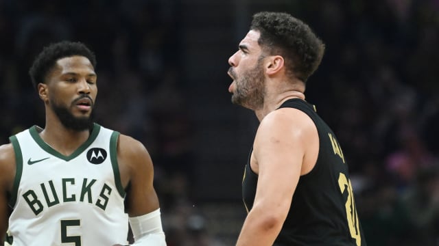 Cleveland Cavaliers forward Georges Niang (20) celebrates after hitting a three point basket during the first half against the Milwaukee Buck