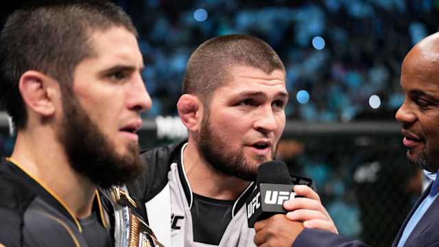 Khabib Nurmagomedov speaking to Daniel Cormier following Islam Makhachev's UFC title fight.