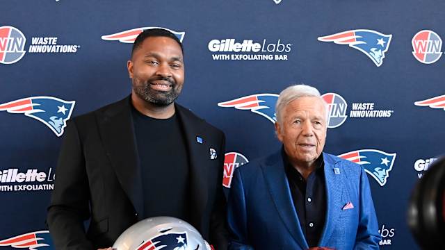 Jan 17, 2024; Foxborough, MA, USA; New England Patriots head coach Jerod Mayo (L) and owner Robert Kraft (R) pose for photos after a press conference announcing Mayo's hiring as the team's head coach at Gillette Stadium.