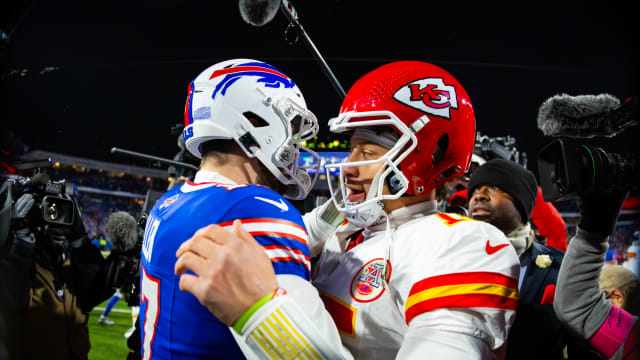 Jan 21, 2024; Orchard Park, New York, USA; Kansas City Chiefs quarterback Patrick Mahomes (15) greets Buffalo Bills quarterback Josh Allen (17) following the 2024 AFC divisional round game at Highmark Stadium. Mandatory Credit: Mark J. Rebilas-USA TODAY Sports  