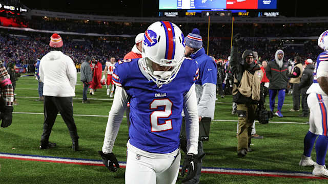 Buffalo Bills place kicker Tyler Bass (2) walks off the field after missing what would have been a game tying field goal in a 27-24 loss to the Chiefs in the divisional round.