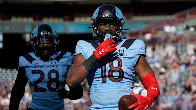 Mar 5, 2023; Arlington, TX, USA; Arlington Renegades linebacker Donald Payne (18) reacts after a fund recovery against the Orlando Guardians during the first half at Choctaw Stadium. Mandatory Credit: Raymond Carlin III-USA TODAY Sports  