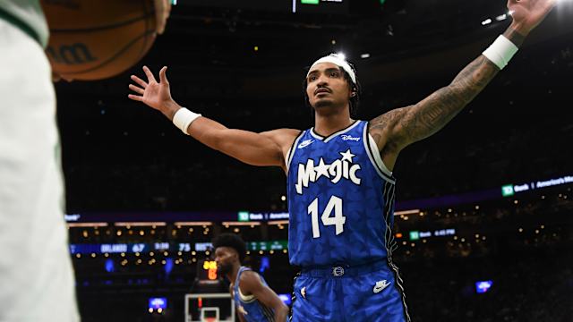Dec 17, 2023; Boston, Massachusetts, USA; Orlando Magic guard Gary Harris (14) defends an inbound pass during the second half against the Boston Celtics at TD Garden.