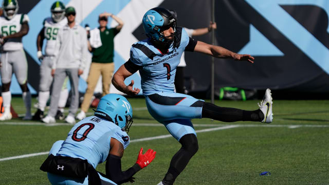 Mar 5, 2023; Arlington, TX, USA; Arlington Renegades kicker Taylor Russolino (1) follows through on a field goal during the first half against the Orlando Guardians at Choctaw Stadium. Mandatory Credit: Raymond Carlin III-USA TODAY Sports  