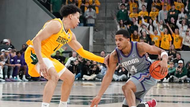 Jan 27, 2024; Waco, Texas, USA; TCU Horned Frogs guard Jameer Nelson Jr. (4) works on Baylor Bears guard Miro Little (1) during the first half at Paul and Alejandra Foster Pavilion. Mandatory Credit: Raymond Carlin III-USA TODAY Sports  