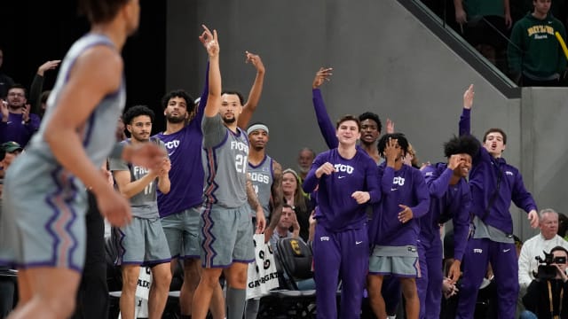 Jan 27, 2024; Waco, Texas, USA; The TCU bench reacts after a three-point basket against the Baylor Bears during the second half at Paul and Alejandra Foster Pavilion. Mandatory Credit: Raymond Carlin III-USA TODAY Sports  