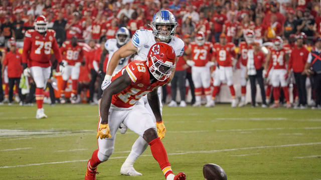 Sep 7, 2023; Kansas City, Missouri, USA; Kansas City Chiefs wide receiver Kadarius Toney (19) drops a pass as Detroit Lions linebacker Jack Campbell (46) looks on during the second half at GEHA Field at Arrowhead Stadium. Mandatory Credit: Denny Medley-USA TODAY Sports  