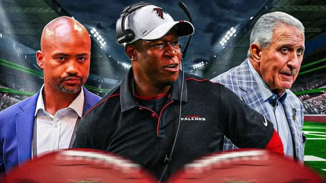 From left to right: Atlanta Falcons general manager Terry Fontenot, head coach Raheem Morris and owner Arthur Blank.