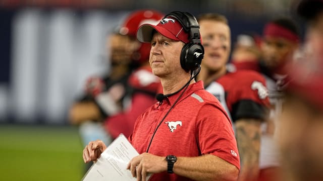 Aug 20, 2022; Toronto, Ontario, CAN; Calgary Stampeders head coach Dave Dickenson reacts during the second half against the Toronto Argonauts at BMO Field. Mandatory Credit: John E. Sokolowski-USA TODAY Sports  