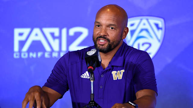 Jul 27, 2021; Hollywood, CA, USA; Washington Huskies head coach Jimmy Lake speaks with the media during the Pac-12 football Media Day at the W Hollywood.
