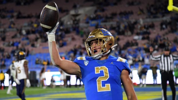 UCLA Bruins wide receiver Kyle Philips (2) celebrates after catching a touchdown pass against the California Golden Bears in the second half at the Rose Bowl.