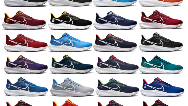 View of 31 pairs of Nike running shoes.