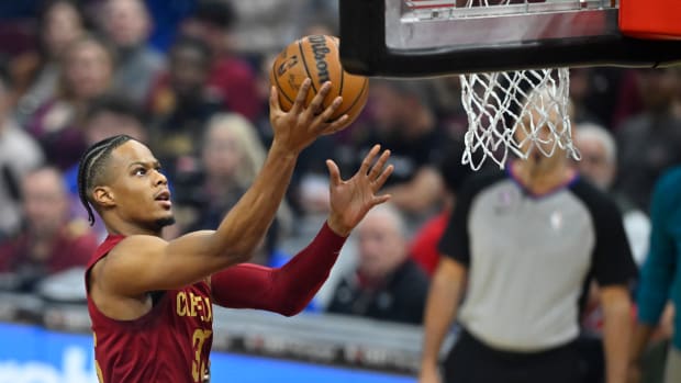 Feb 8, 2023; Cleveland, Ohio, USA; Cleveland Cavaliers forward Isaac Okoro (35) drives to the basket in the first quarter against the Detroit Pistons at Rocket Mortgage FieldHouse. Mandatory Credit: David Richard-USA TODAY Sports