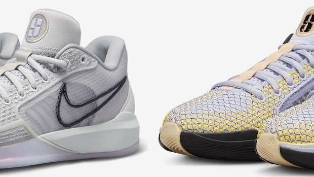Side view of two pairs of Sabrina Ionescu's Nike basketball shoes.