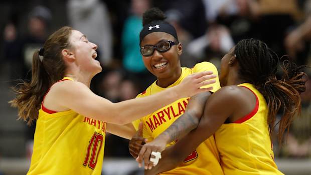 Maryland Terrapins guard Abby Meyers (10), Maryland Terrapins guard Diamond Miller (1) and Maryland Terrapins guard Shyanne Sellers