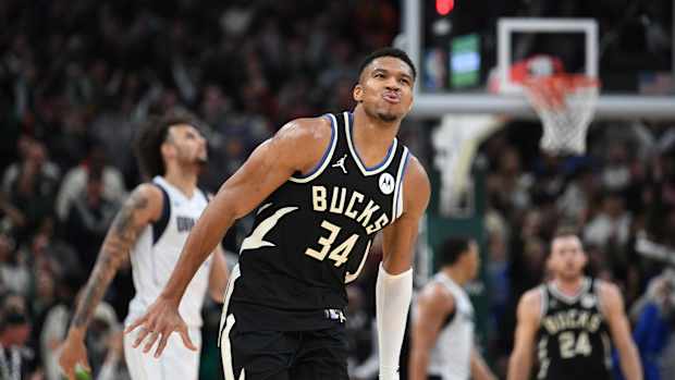 November 18, 2023; Milwaukee Bucks forward Giannis Antetokounmpo celebrates after scoring a basket against the Dallas Mavericks at Fiserv Forum
