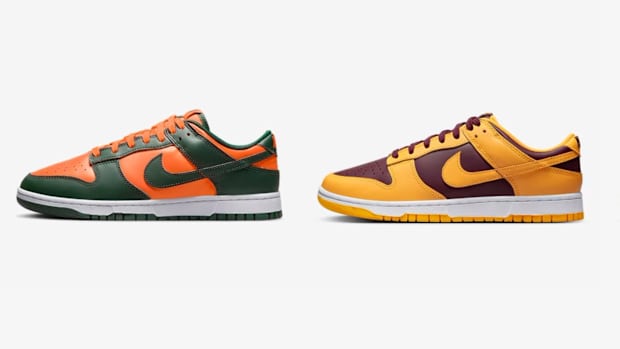 Side view of Miami and Arizona State Nike shoes.