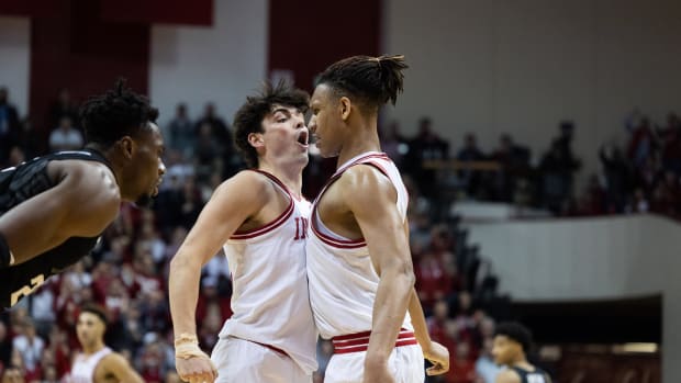 Indiana Hoosiers guard Trey Galloway (32) and forward Malik Reneau (5) celebrate in the second half against Michigan State.
