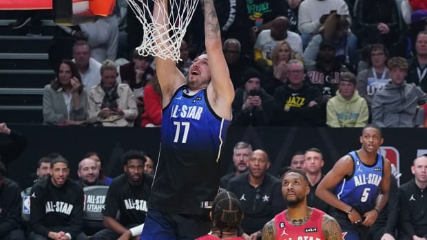 Luka Doncic dunks in the 2023 NBA All-Star Game.