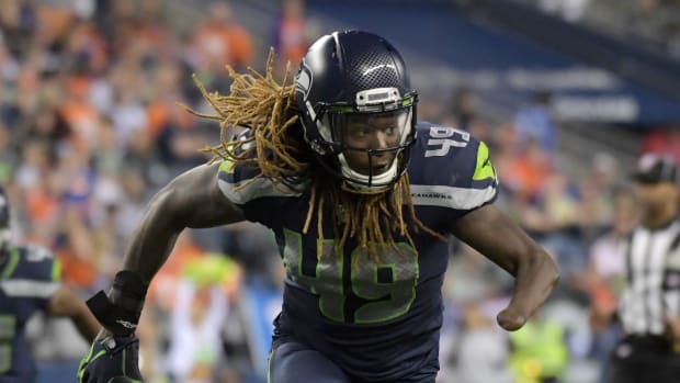 Seattle Seahawks outside linebacker Shaquem Griffin (49) reacts in the second half against the Denver Broncos at CenturyLink Field. The Seahawks won 22-14.