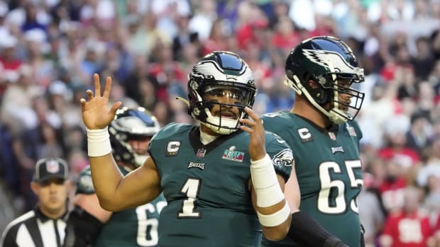Jalen Hurts (1) and Lane Johnson finished in a dead heat in SI Fan Nation Eagles Today postseason rankings of the 25 Eagles.