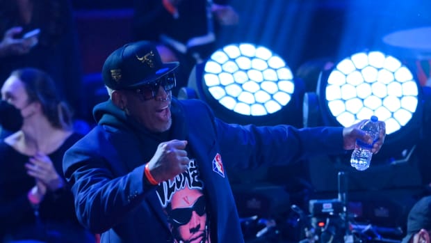 Feb 20, 2022; Cleveland, Ohio, USA; Dennis Rodman is honored during halftime in the 2022 NBA All-Star Game at Rocket Mortgage FieldHouse.