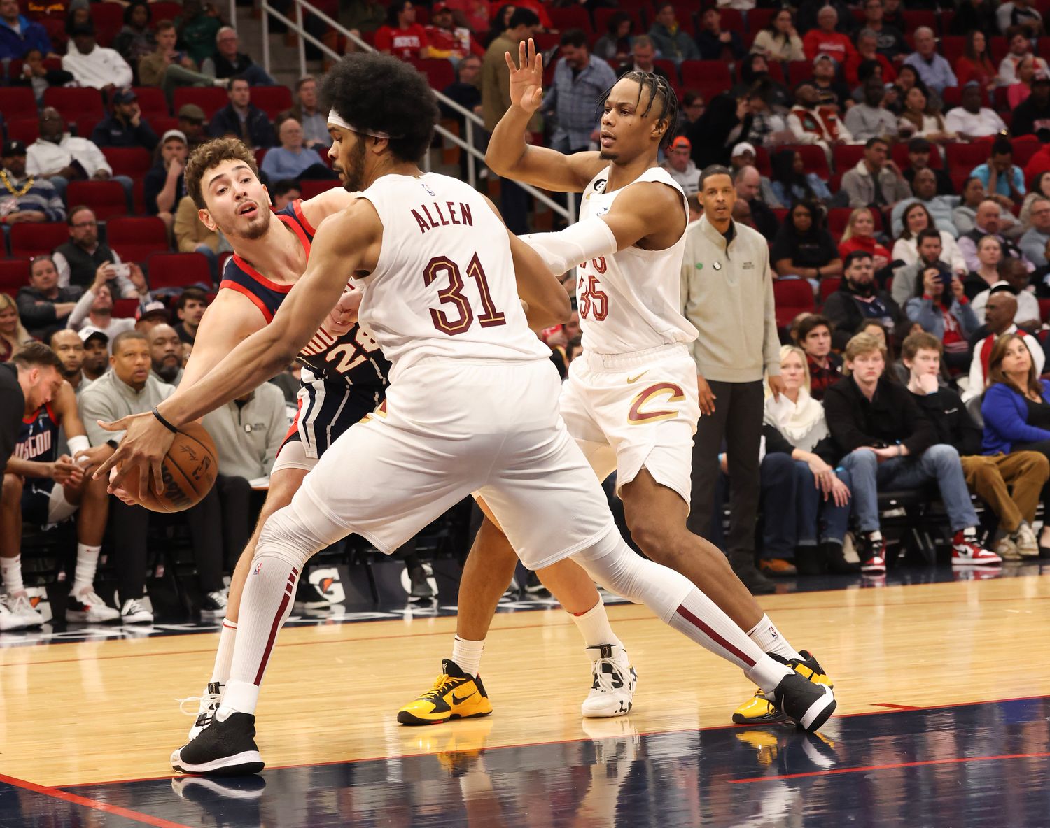 Jan 26, 2023; Houston, Texas, USA; Cleveland Cavaliers center Jarrett Allen (31) steals Houston Rockets center Alperen Sengun (28) pass in the second quarter at Toyota Center. Mandatory Credit: Thomas Shea-USA TODAY Sports