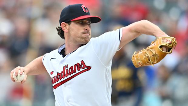 Jun 23, 2023; Cleveland, Ohio, USA; Cleveland Guardians starting pitcher Shane Bieber (57) throws a pitch during the first inning against the Milwaukee Brewers at Progressive Field. Mandatory Credit: Ken Blaze-USA TODAY Sports