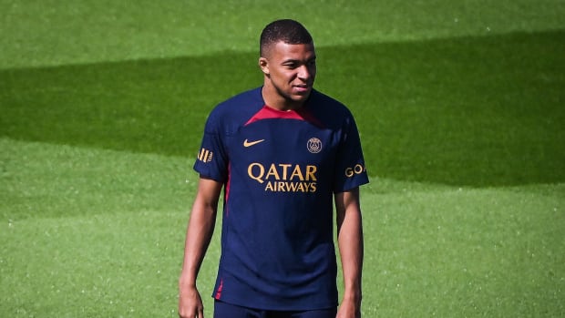 Kylian Mbappe pictured during a PSG training session in July 2023