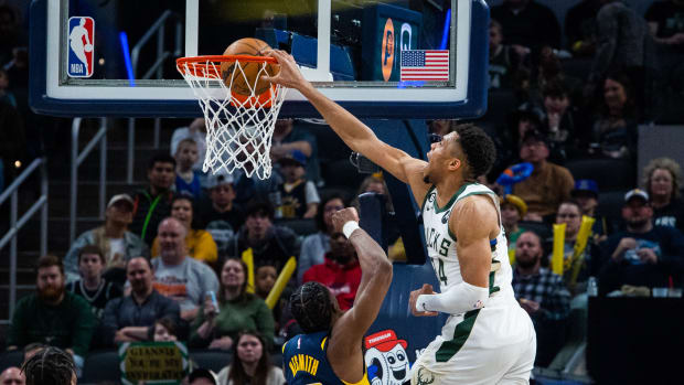 Mar 29, 2023; Indianapolis, Indiana, USA; Milwaukee Bucks forward Giannis Antetokounmpo dunks the ball