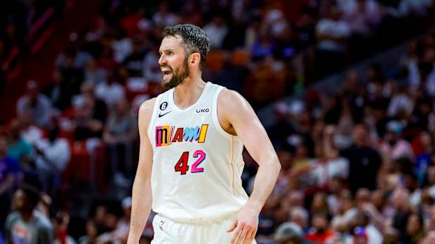 Mar 1, 2023; Miami, Florida, USA; Miami Heat forward Kevin Love (42) reacts during the third quarter against the Philadelphia 76ers at Miami-Dade Arena. Mandatory Credit: Sam Navarro-USA TODAY Sports