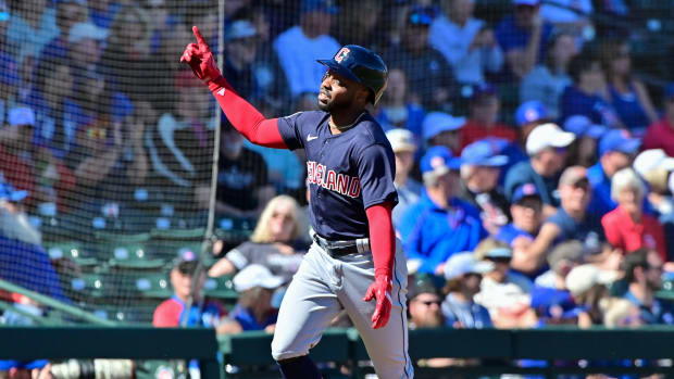 Feb 27, 2023; Mesa, Arizona, USA; Cleveland Guardians center fielder Roman Quinn (4) celebrates after hitting a two-run home run in the second inning against the Chicago Cubs during a spring training game at Sloan Park. Mandatory Credit: Matt Kartozian-USA TODAY Sports