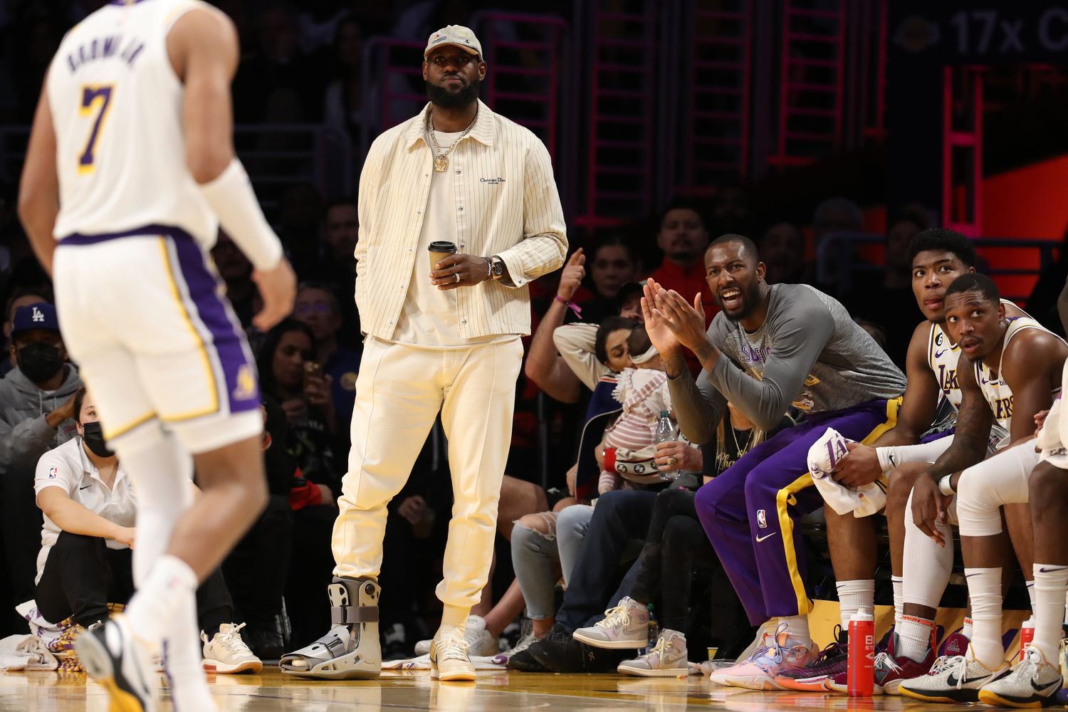 Los Angeles Lakers forward LeBron James cheers for his team during a game.