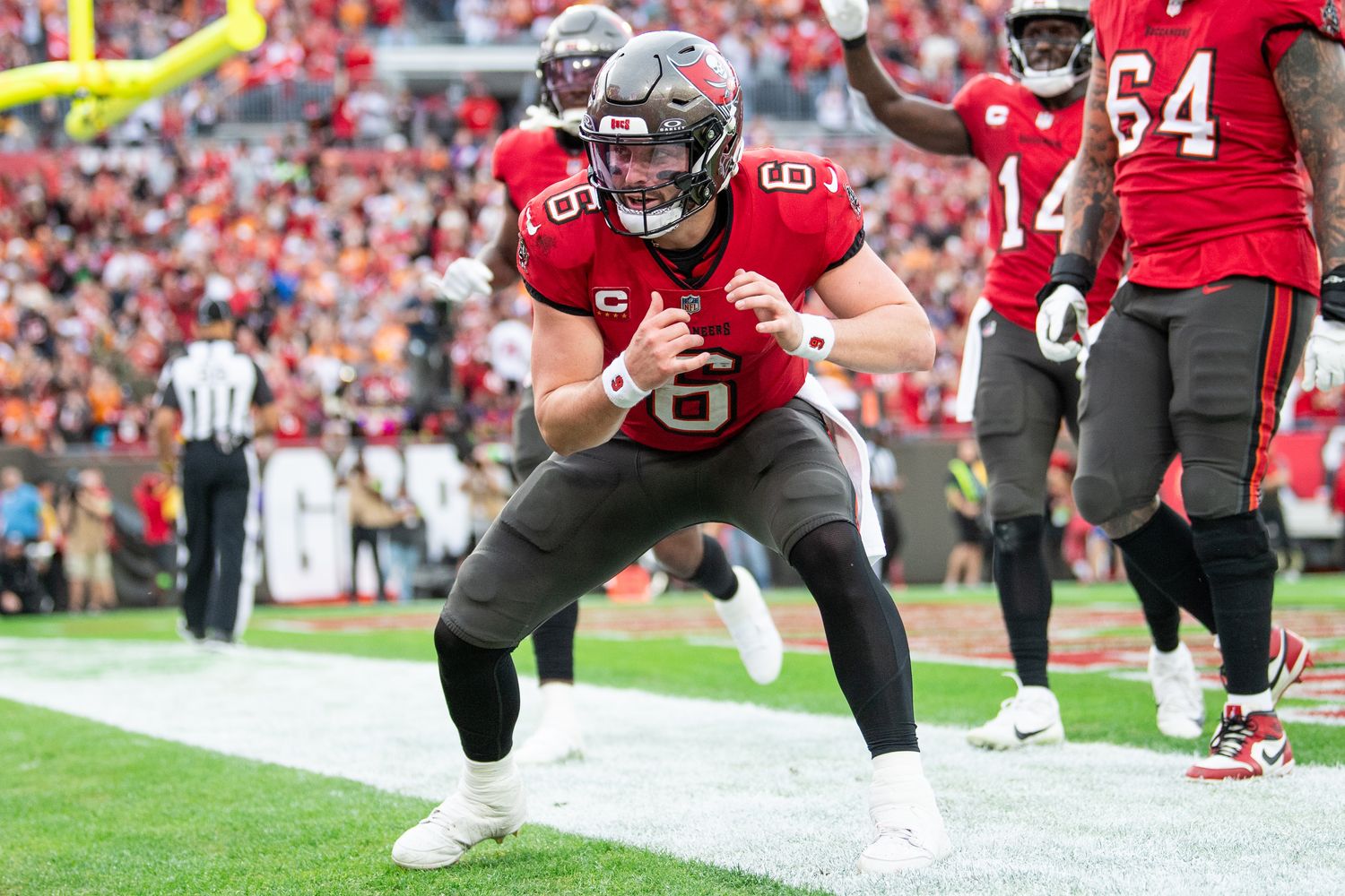 Tampa Bay Buccaneers quarterback Baker Mayfield (6) celebrates the touchdown against the Jacksonville Jaguars in the second quarter at Raymond James Stadium. Mandatory Credit: Jeremy Reper-USA TODAY Sports