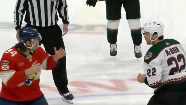 Florida Panthers’ Ryan Lomberg and Arizona Coyotes’ Jack McBain brawl