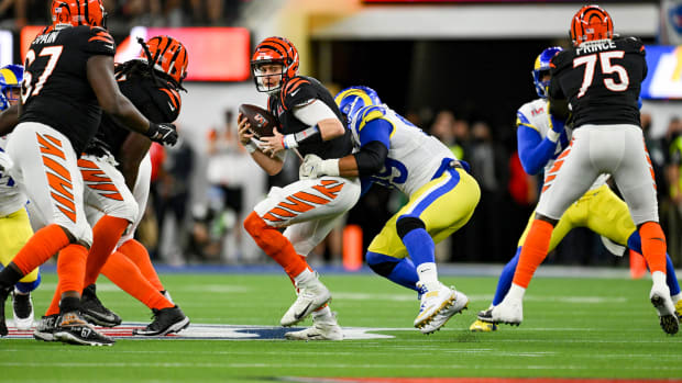 Joe Burrow taken down by the Rams' Aaron Donald at Super Bowl LVI.