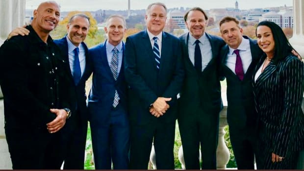 FL Partnership group, Pictured from left to right: Co-Owner Dwayne 'The Rock' Johnson, RedBird Capital head Gerry Cardinale, FOX head Eric Shanks, ESPN head Burke Magnus, RedBird's Mark Dowley, League CEO/president Russ Brandon and league founder/co-owner Dany Garcia.