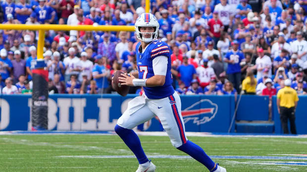 Buffalo Bills quarterback Josh Allen (17) looks to throw the ball against the Las Vegas Raiders during the second half at Highmark Stadium.