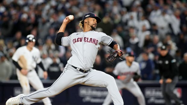 Emmanuel Clase delivers a four-seam fastball to a Yankee hitter.