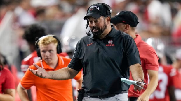 Ohio State head coach Ryan Day looks frustrated as he paces the sideline earlier this season.