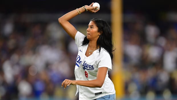Natalia Bryant throws out the ceremonial first pitch at Dodger Stadium.
